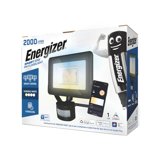 The packaging for the Energizer 20W LED PIR Smart Floodlight features a striking image of the 20W floodlight, along with an illustration of its smartphone app interface and character depiction. It highlights key features such as 2000 lumens brightness, energy efficiency, group control capability, variable white light, scheduling functions, and WiFi connectivity.