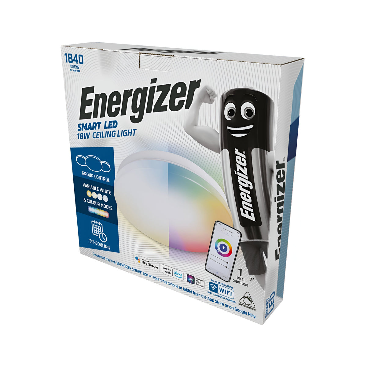 The packaging for the Energizer Flush Smart Ceiling Light 18W 6500K - White features a cartoon battery character alongside a smartphone, highlighting its lighting controls. It underscores key features such as group control, adjustable whites, scheduling capabilities, and energy-efficient technology.