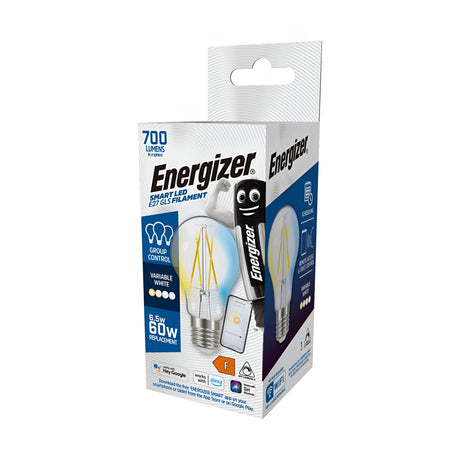 The packaging for the Energizer 6.5W Dimmable E27 Smart GLS Bulb Filament highlights its dimmable capabilities, voice control, smart connectivity, and adjustable white light. It delivers 700 lumens while consuming only 6.5W, equivalent to a traditional 60W bulb. The box features an image of the bulb alongside the iconic Energizer character.