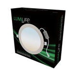 A package of the LumiLife Recessed LED Circular Downlight 6W - CCT Adjustable features a highly efficient LED downlight with customizable color temperature. The packaging is mainly black, accented with green and white text, emphasizing the included driver.