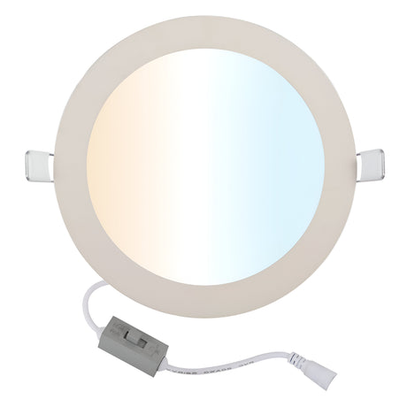 The LumiLife Recessed LED Circular Downlight 6W - CCT Adjustable includes a round, frosted cover, connected via a white power cord to a rectangular switch. It features sliding controls for CCT adjustability, allowing you to effortlessly change the light's color temperature. When off, it displays its neutral-colored cover with optimal luminous efficacy.