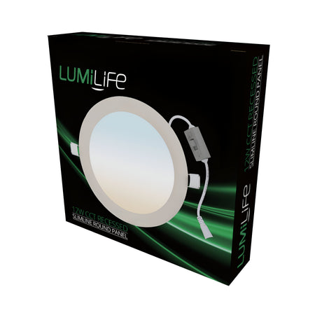 A sleek black box with the text LUMiLife showcases an IP54-rated LED Downlight, featuring the LumiLife Recessed LED Small Circular Recessed Downlight 12W - CCT Adjustable. It includes a circular slimline panel, a power cable, and an adjacent switch.