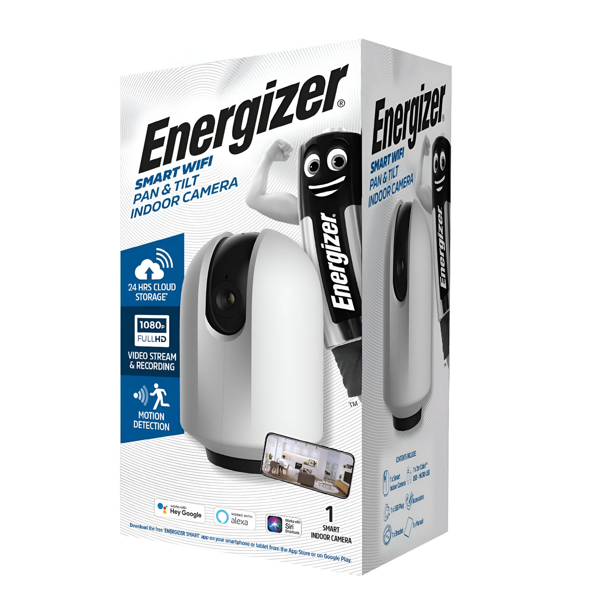 The packaging of the Energizer Smart Pan & Tilt Indoor Camera - White highlights its main features, such as 24-hour cloud storage, 1080p full HD video streaming and recording, motion detection, night vision capabilities, and easy compatibility with voice assistants. It also includes an image of the camera and box.