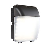 A close-up of the LumiLife Outdoor LED Bulkhead - CCT Adjustable, an energy-efficient outdoor lighting fixture with a sleek black and white rectangular design. The top is black, while the bottom features a frosted lens that elegantly diffuses light.