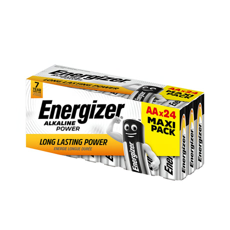 A 24-pack of Energizer Power AA LR6 Alkaline Batteries features advanced alkaline technology, long-lasting power highlighted by a playful cartoon character, a 7-year shelf life, and prominently displays the Maxi Pack label.