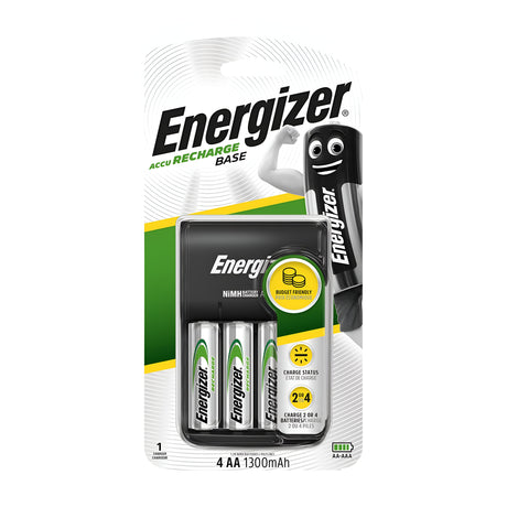 The Energizer USB Battery Charger comes with a set of four AA 1300mAh rechargeable batteries featuring a green and black design. The packaging emphasizes its cost-effectiveness and long-lasting charge, with the recognizable Energizer mascot shown in the top right corner, making it ideal for use with any USB charger.