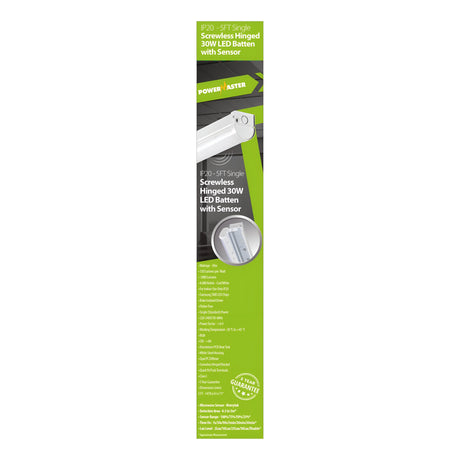 The packaging of the PowerMaster 5ft 30W LED Single Batten with Sensor - 4,000K, Cool White highlights its energy-efficient lighting capabilities. It offers a three-year guarantee and features PowerMaster branding. The green and white box displays product images, accompanied by text in black and white.