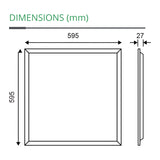 The diagram depicts the dimensions of an energy-efficient square frame designed for easy integration with a Lumilife 600x600mm LED Backlit Panel Light. The front view measures 595 mm by 595 mm, while the side view reveals a thickness of 27 mm. The title "DIMENSIONS (mm)" is displayed in green.