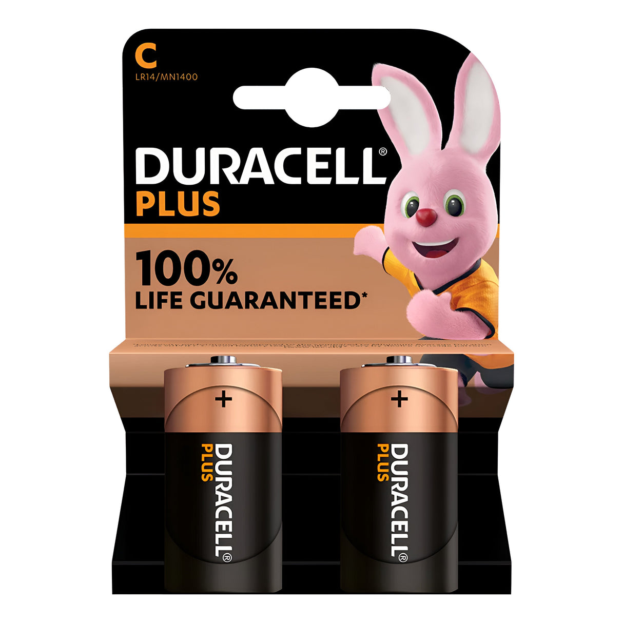 The packaging of the Duracell Plus Power +100% C LR14 Alkaline Batteries (2 Pack) showcases the energetic Duracell Bunny mascot. Ideal for high-drain devices, the text emphasizes "100% Life Guaranteed by Duracell Plus," underlining their enhanced storage capability.