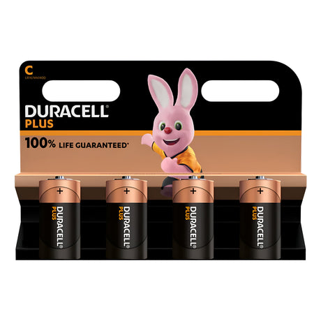 Set of four Duracell Plus Power +100% C LR14 Alkaline Batteries, showcasing a pink bunny mascot on the package. The text promises 100% Life Guaranteed, emphasizing their dependable power and long-lasting performance. The batteries' copper tops enhance the modern black and copper design.