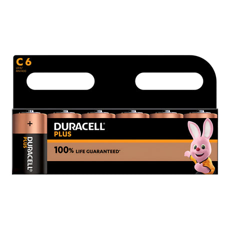 The Duracell Plus Power +100% C LR14 Alkaline Batteries (6 Pack) features the iconic bunny mascot and offers a 100% Life Guarantee, promising a long-lasting charge. Ideal for high-drain devices, these batteries ensure your gadgets operate seamlessly.