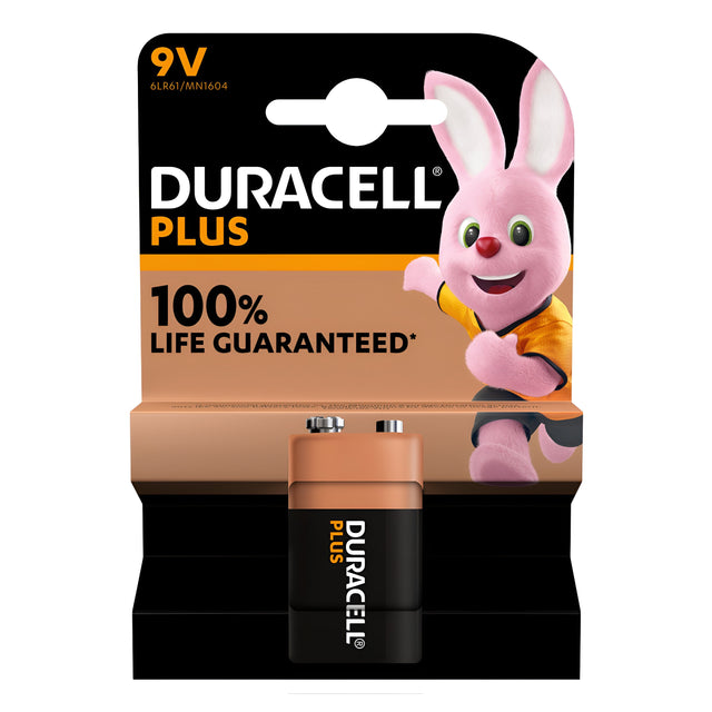 The packaging of the Duracell Plus Power +100% 9V PP3 6LR61 Alkaline Battery (1 Pack) features the iconic Bunny giving a thumbs-up, ensuring 100% Life Guaranteed. Designed for long-lasting power and broad compatibility, this single battery is partially visible through the clear window, ready to energize your devices.