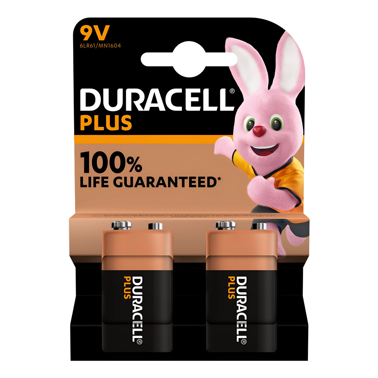 A 2-pack of Duracell Plus Power +100% 9V PP3 6LR61 Alkaline Batteries, showcasing the iconic Duracell Bunny on the packaging. These batteries promise reliable performance in all weather conditions and a guarantee of 100% life, ensuring your devices last longer.