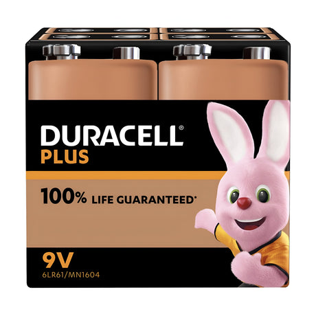 The packaging of the Duracell Plus Power +100% 9V PP3 6LR61 Alkaline Battery (4 Pack) showcases the iconic Duracell Bunny in a yellow shirt, assuring reliable power with a promise of 100% life guaranteed. Set against a sleek black box, these copper-colored batteries deliver long-lasting performance for all your needs.