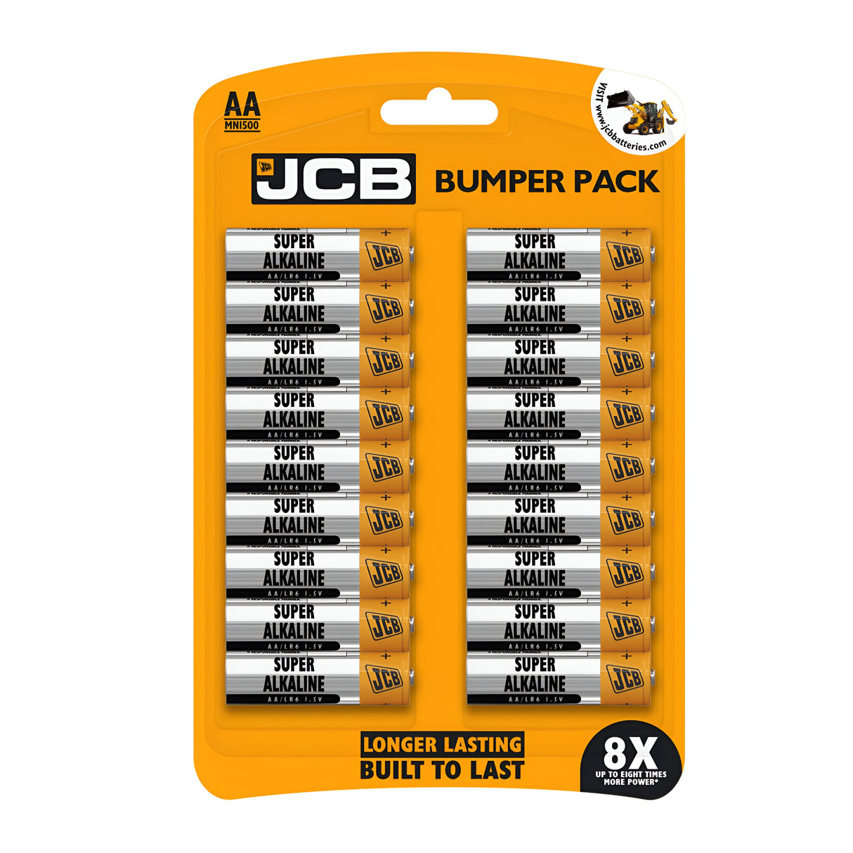 The JCB Bumper AA LR6 Alkaline Batteries offer 18 batteries organized in neat rows, equipped with Advanced Alkaline Technology to ensure longer-lasting power. Ideal for high-drain devices, these alkaline batteries are designed for durability.