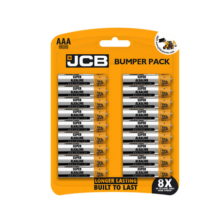 Image showcasing the JCB Bumper Pack containing 18 AAA LR03 Alkaline Batteries, designed with a leak-resistant feature. The distinctive yellow and black packaging, featuring the JCB logo, claims to deliver 8X more power, making them ideal for high-drain devices and ensuring long-lasting performance.