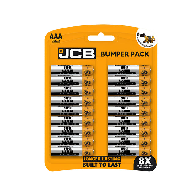Image showcasing the JCB Bumper Pack containing 18 AAA LR03 Alkaline Batteries, designed with a leak-resistant feature. The distinctive yellow and black packaging, featuring the JCB logo, claims to deliver 8X more power, making them ideal for high-drain devices and ensuring long-lasting performance.