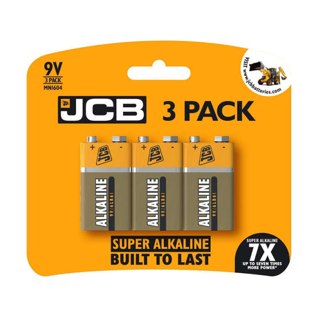 JCB 9V Alkaline Batteries (6LR61) - 3 Pack retail pack