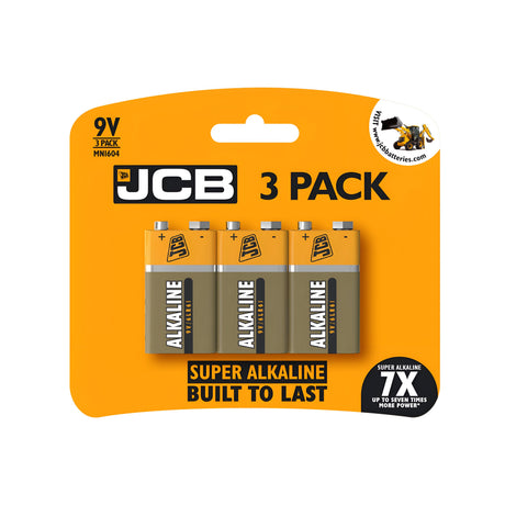 The JCB 9V PP3 6LR61 Alkaline Batteries come in a 3-pack with orange packaging featuring black and white text that highlights their "Super Alkaline Built to Last" quality and claims of providing "Up to Seven Times More Power." The design includes an image of a construction vehicle, underscoring the batteries' long-lasting power for devices requiring high energy output.