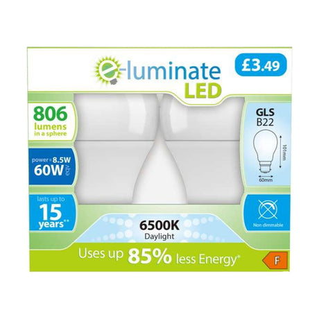 B22 (BC) LED GLS Bulb 8.5W 806lm - Daylight 6500K, 2 Pack retail pack