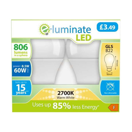 B22 (BC) LED GLS Bulb 8.5W 806lm - Warm White 2700K, 2 Pack retail pack