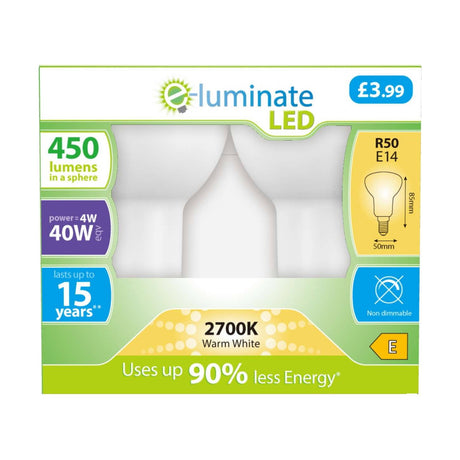 E14 (SES) LED R50 Bulb 4W 450lm - Warm White 2700K, 2 Pack retail pack