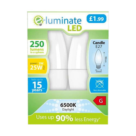 E27 (ES) LED Candle Bulb 3W 250lm - Daylight 6500K, 2 Pack retail pack