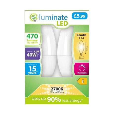 E14 (SES) LED Bulb 4.2W 470lm Dimmable - Warm White 2700K, 2 Pack retail pack