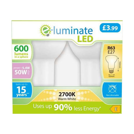 E27 LED R63 Reflector Bulb 5.4W 600lm - Warm White 2700K, 2 Pack retail pack