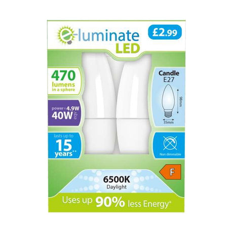 E27 (ES) LED Candle Bulb 4.9W 470lm - Daylight 6500K, 2 Pack retail pack