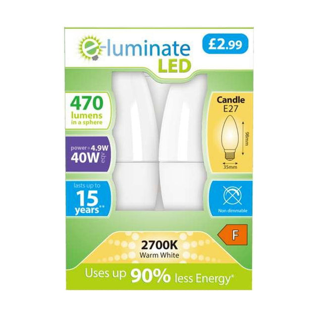 E27 (ES) LED Candle Bulb 4.9W 470lm - Warm White 2700K, 2 Pack