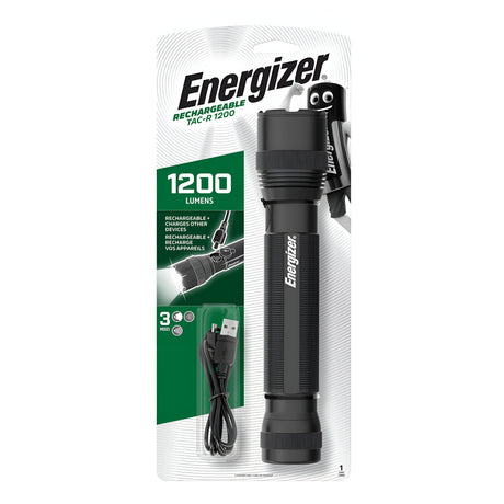 The Energizer Rechargeable LED Torch 1200 Lumen comes in a sleek black package design. It boasts 1200 lumens and includes a USB charging cable. The packaging highlights product details in both English and French, emphasizing its rechargeable capability, tactical light durability, and three-meter drop resistance.