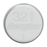 A silver, coin-shaped Energizer 321 Silver Oxide button cell battery, ideal for powering small electronics, features a plus sign engraved on its surface.
