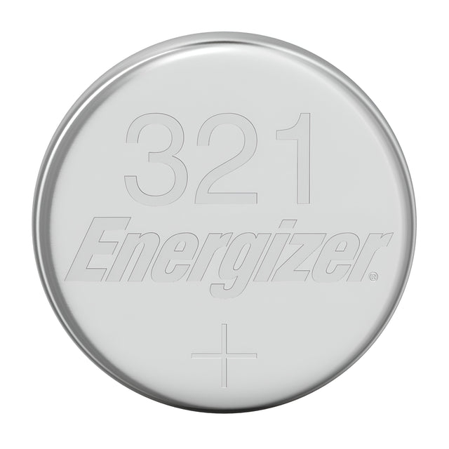 A silver, coin-shaped Energizer 321 Silver Oxide button cell battery, ideal for powering small electronics, features a plus sign engraved on its surface.