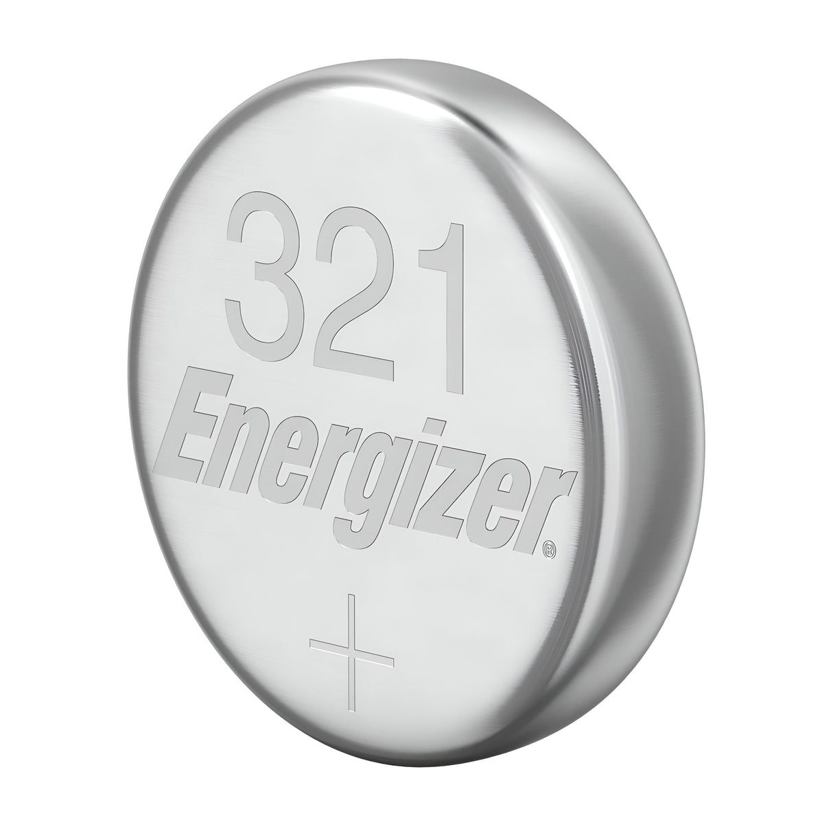 A circular silver battery engraved with Energizer 321 on the top, part of the Energizer 321 Silver Oxide Button Cell Batteries (10 Pack), designed for small electronics. The battery has a plus sign to indicate the positive side.