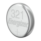 A circular silver battery engraved with Energizer 321 on the top, part of the Energizer 321 Silver Oxide Button Cell Batteries (10 Pack), designed for small electronics. The battery has a plus sign to indicate the positive side.