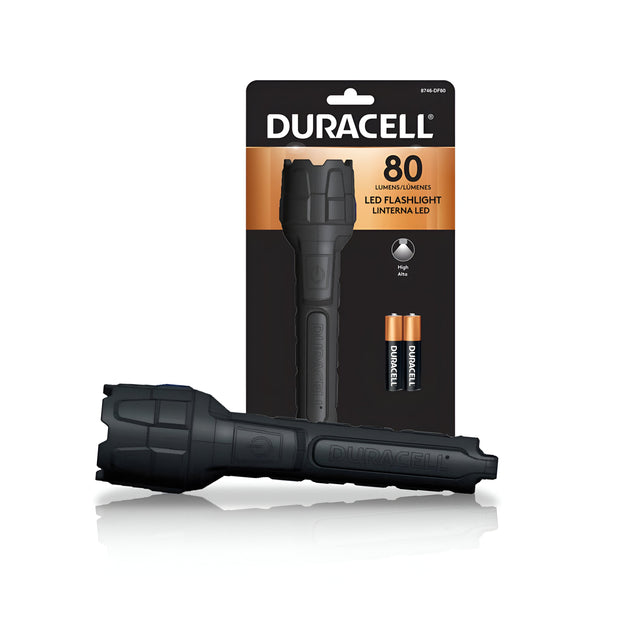 The Duracell Rubber LED Flashlight, available in a sleek black design, emits a bright 80-lumen output, providing long-lasting reliability and energy-efficient illumination. Each flashlight comes with two included AA batteries and is elegantly packaged to prominently feature the Duracell logo at the top, with the flashlight displayed horizontally in front.