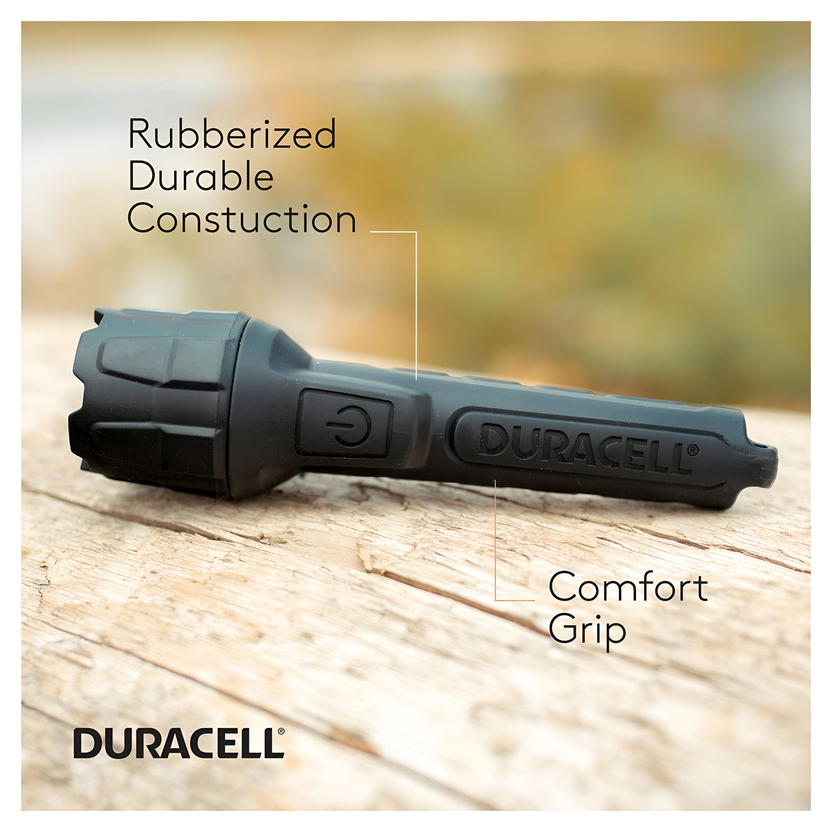 Displayed on a wooden surface is a Duracell Rubber LED Flashlight from the 8-pack, featuring labels highlighting its durable rubberized construction and comfort grip. The design and texture take center stage, emphasizing its energy-efficient lighting and long-lasting reliability.