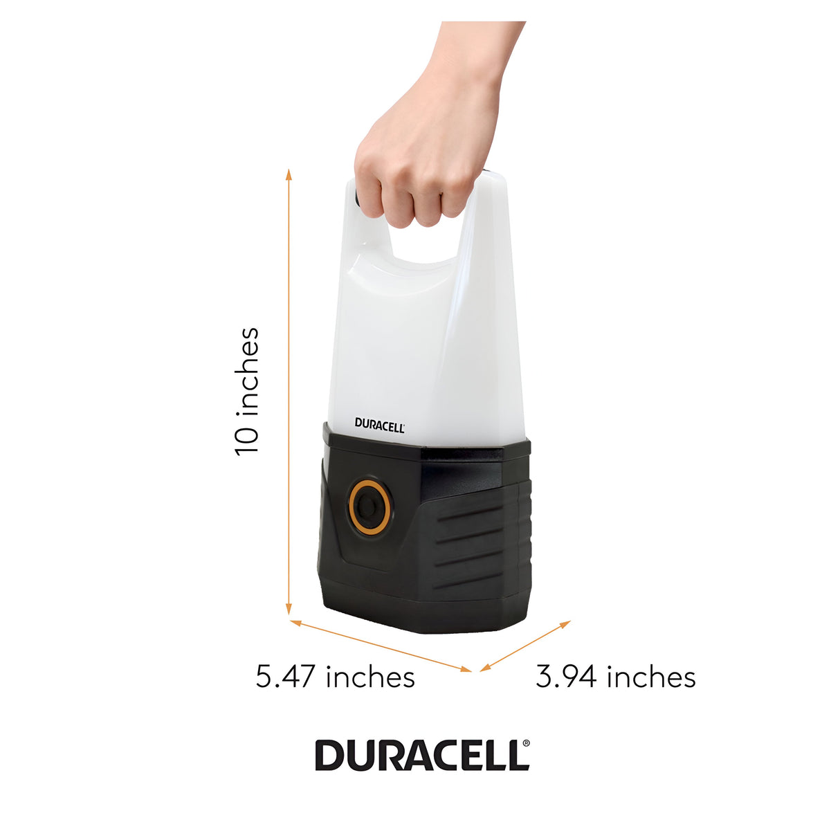 A person holds a glowing Duracell Floating Lantern 500 Lumen, featuring a waterproof design with an orange button. Standing at 10 inches tall, and measuring 5.47 inches in width and 3.94 inches in depth, the lantern prominently displays the Duracell logo below.