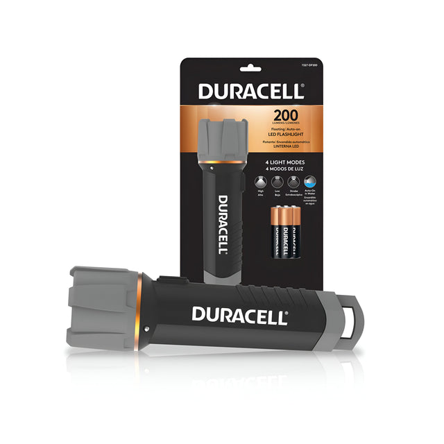 The Duracell Floating LED Flashlight package presents a stylish black and gray design with the logo on it, including two batteries. This water-resistant flashlight offers 200 lumens of brightness, features four light modes, and is ideal for emergency situations.