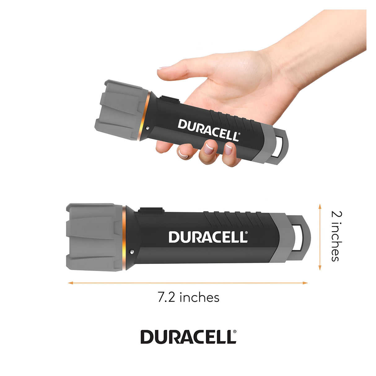 A hand holds a black and gray Duracell Floating LED Flashlight 200 Lumen from the 6-pack, with another identical water-resistant flashlight below, each measuring 7.2 inches in length and 2 inches in width. The Duracell logo is displayed at the bottom.