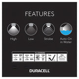 The image showcases the features of the Duracell Floating LED Flashlight 200 Lumen, which is water-resistant and comes with multiple modes: High, Low, Strobe, and Auto-On in Water. Specifications include a high mode output of 200 lumens with an 8-hour runtime and a low mode at 40 lumens lasting for 30 hours. It provides a beam distance of 150 meters and has an IPX4 water resistance rating—making it perfect for emergency situations. Batteries are included in the pack of six flashlights.