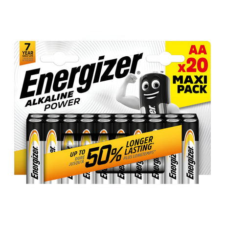 The Energizer Power AA LR6 Alkaline Batteries (20 Pack) are designed with leak-resistant technology and prominently advertise a 50% longer lasting power. Adorned with the iconic Energizer mascot, the packaging also emphasizes an impressive 7-year shelf life to meet all your alkaline battery needs.