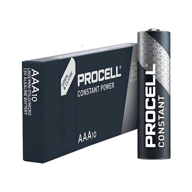 Image of a black Duracell Procell Constant AAA LR03 alkaline battery standing upright next to its packaging box. Ideal for low drain professional devices, the box prominently displays AAA10 and Long Lasting. The design features geometric patterns in white and gray, emphasizing its industrial battery quality.
