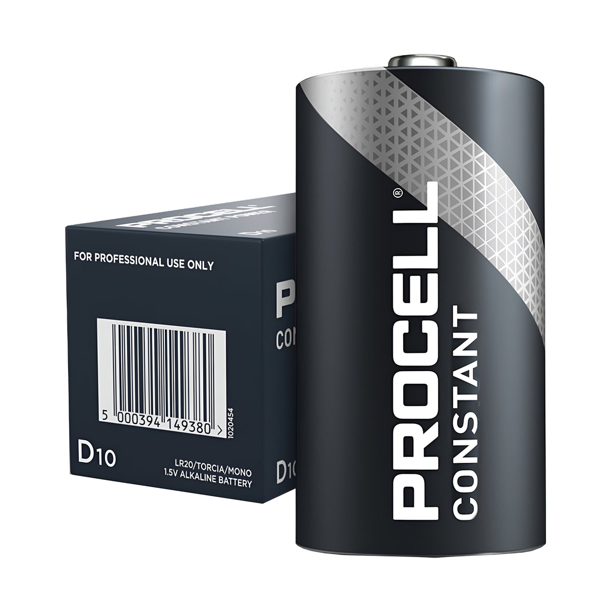 Image of a Duracell Procell Constant D Size Alkaline battery in black packaging with a silver geometric design near the top. The industrial battery is displayed in front of its box, designated for professional use only and featuring a barcode, making it ideal for powering professional devices.