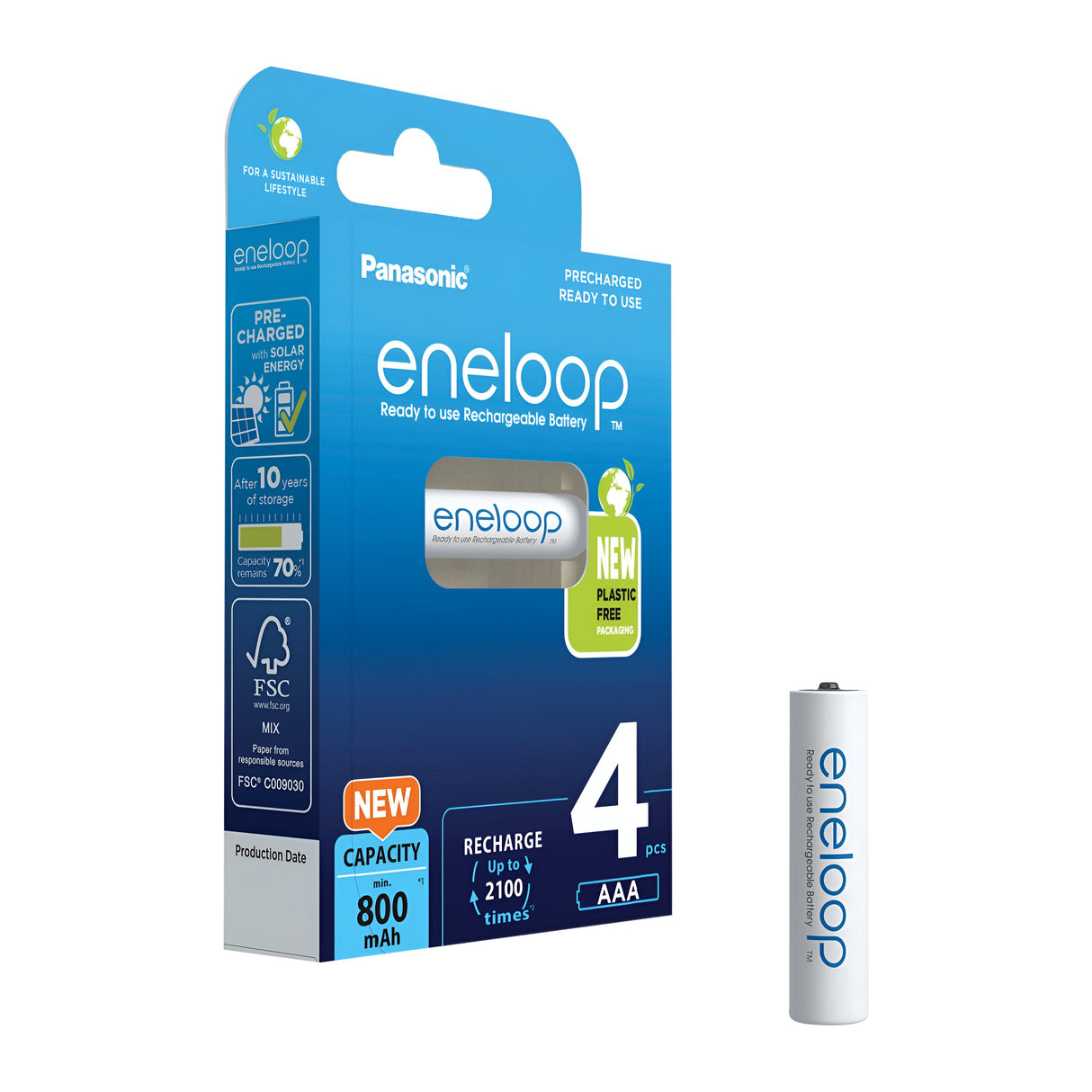 The image showcases a package of Panasonic Eneloop AAA HR03 Rechargeable Batteries 800mAh (4 Pack). The packaging highlights four precharged, recyclable batteries with an 800 mAh capacity. It emphasizes the new plastic-free packaging and their ability to be recharged up to 2100 times, making them ideal high-performance batteries.