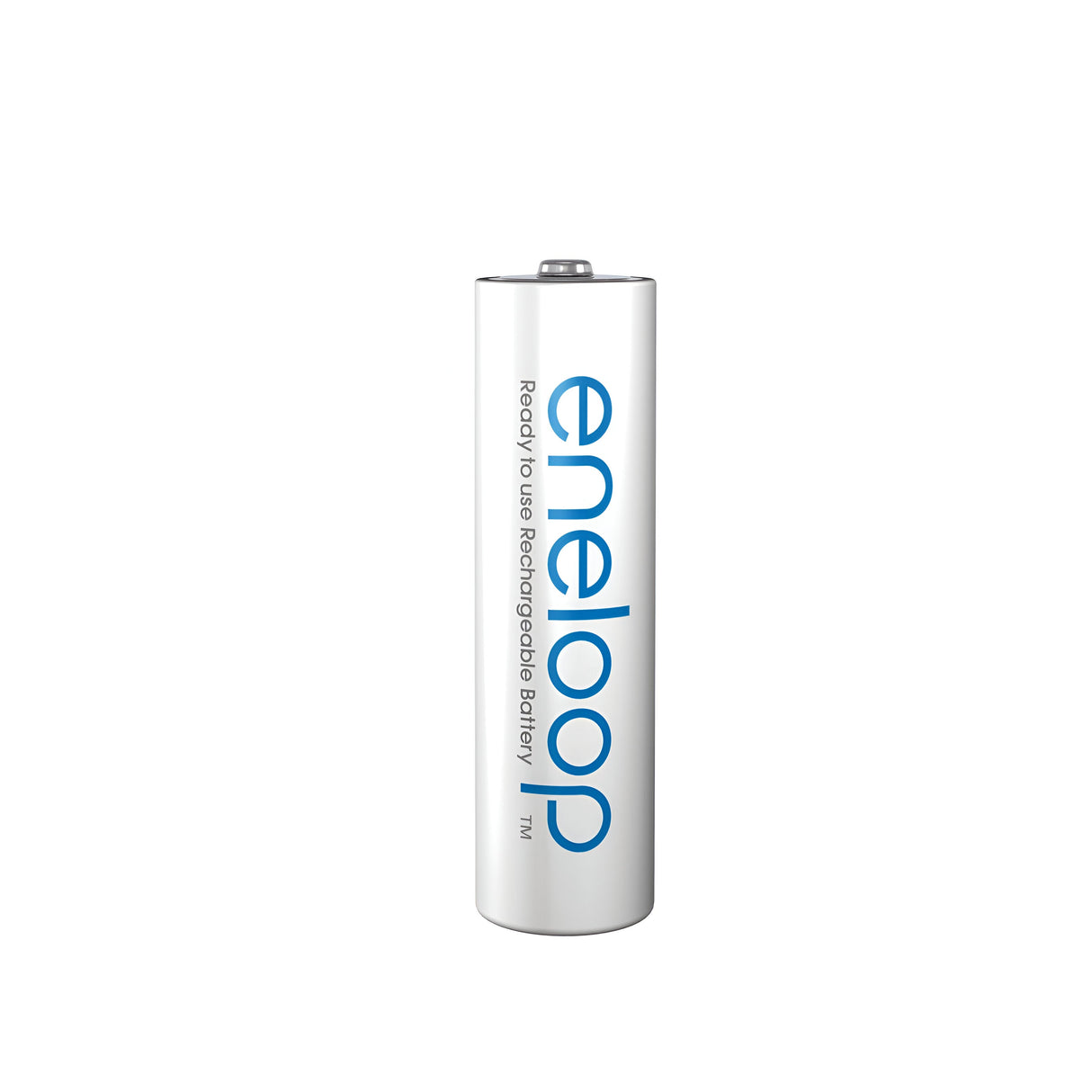 A single Panasonic Eneloop AAA HR03 rechargeable battery from an 800mAh (4 Pack) stands upright, proudly showcasing blue text reading "eneloop" and "Ready to Use Rechargeable Battery." Celebrated for being eco-friendly, this high-performance battery is isolated on a pristine white background.