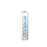 A single Panasonic Eneloop AAA HR03 rechargeable battery from an 800mAh (4 Pack) stands upright, proudly showcasing blue text reading "eneloop" and "Ready to Use Rechargeable Battery." Celebrated for being eco-friendly, this high-performance battery is isolated on a pristine white background.