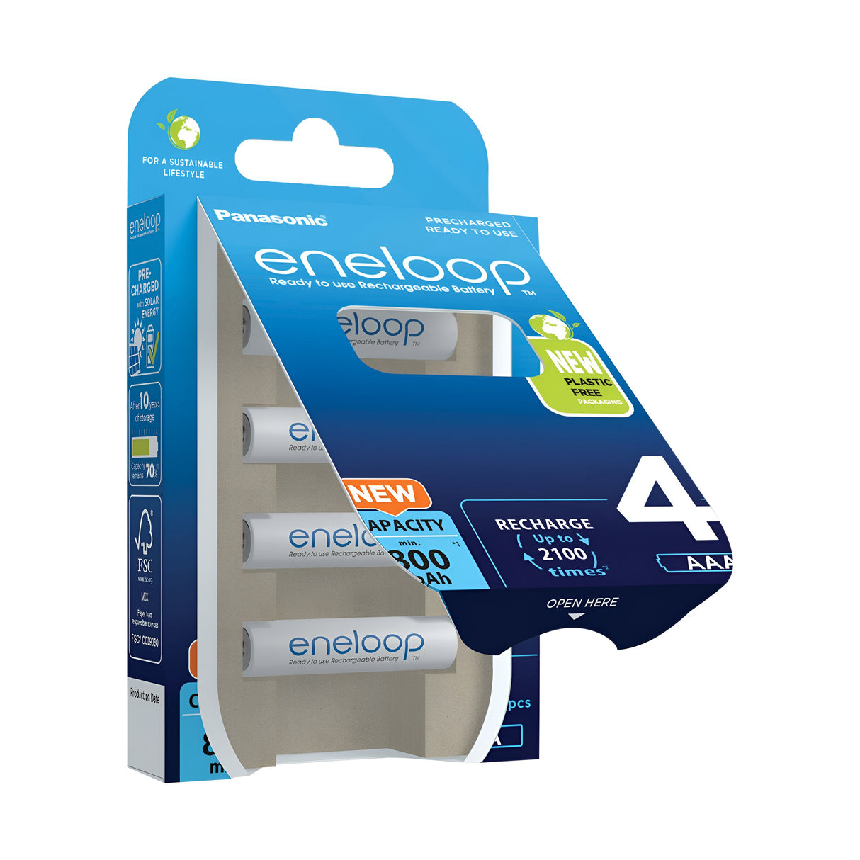 The packaging of the Panasonic Eneloop AAA HR03 Rechargeable Batteries 800mAh (4 Pack) highlights four high-performance batteries. With up to 2100 recharge cycles, it features new eco-friendly, plastic-free packaging to improve sustainability.