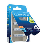 The packaging of the Panasonic Eneloop AAA HR03 Rechargeable Batteries 800mAh (4 Pack) highlights four high-performance batteries. With up to 2100 recharge cycles, it features new eco-friendly, plastic-free packaging to improve sustainability.